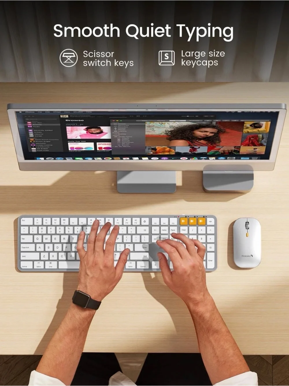 New ProtoArc KM100-A Backlit Bluetooth Keyboard and Mouse for Mac, White Silver